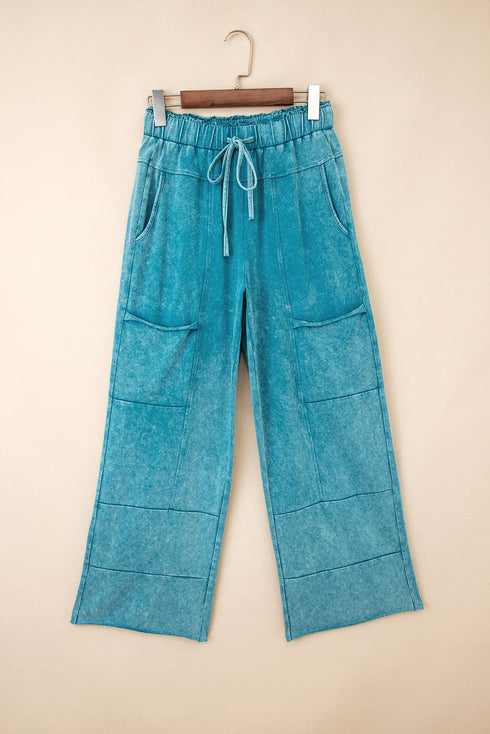 Mineral Wash Lace Up High Waist Patch Pocket Raw Hem Wide Leg Pants